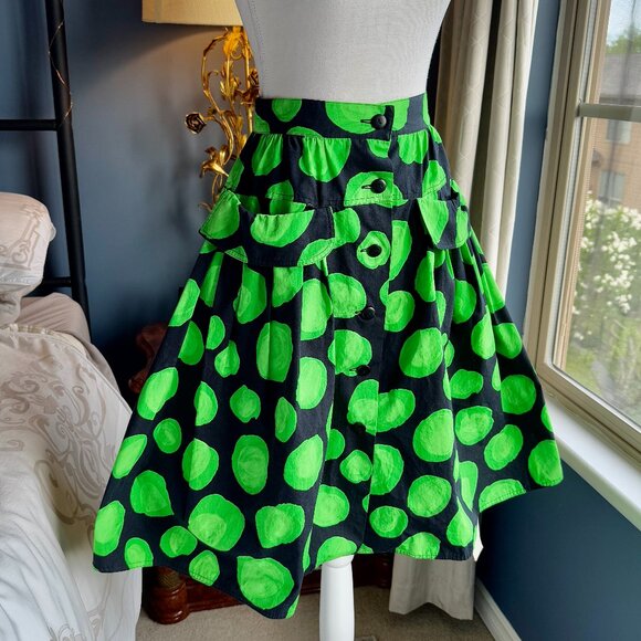 Mouche Black and Green Abstract Limes Full Buttoned Swing Skirt w Pockets - Picture 3 of 13